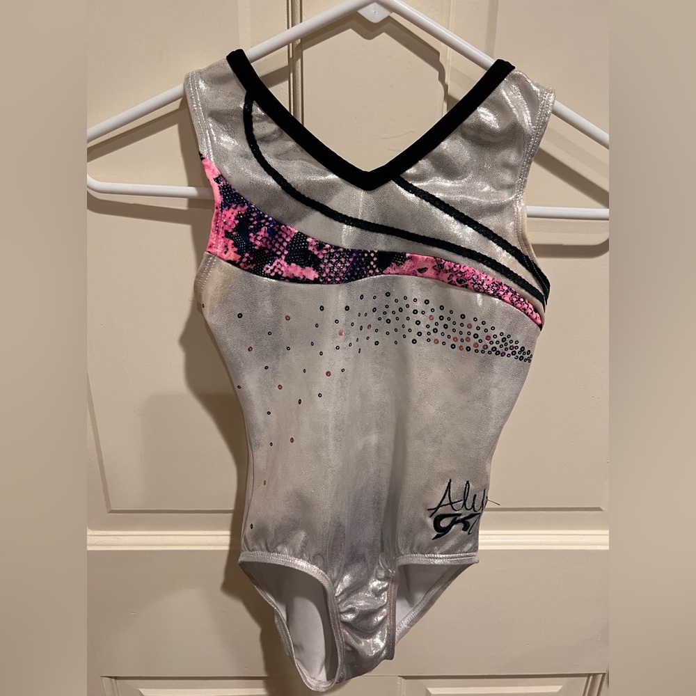 GK ELITE Aly Girls Silver White Navy Pink Sparkle Shimmer Gymnastics CHILD LARGE